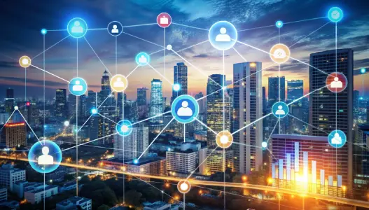 Enterprise network infrastructure illustration showing routers, switches, and secure connectivity systems
