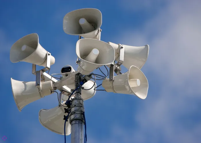 Public address and emergency voice evacuation speakers installed in commercial building