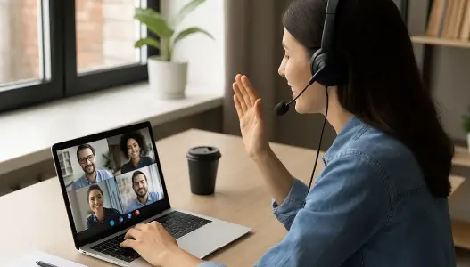 Corporate meeting room setup with professional audio conferencing microphones and speakers