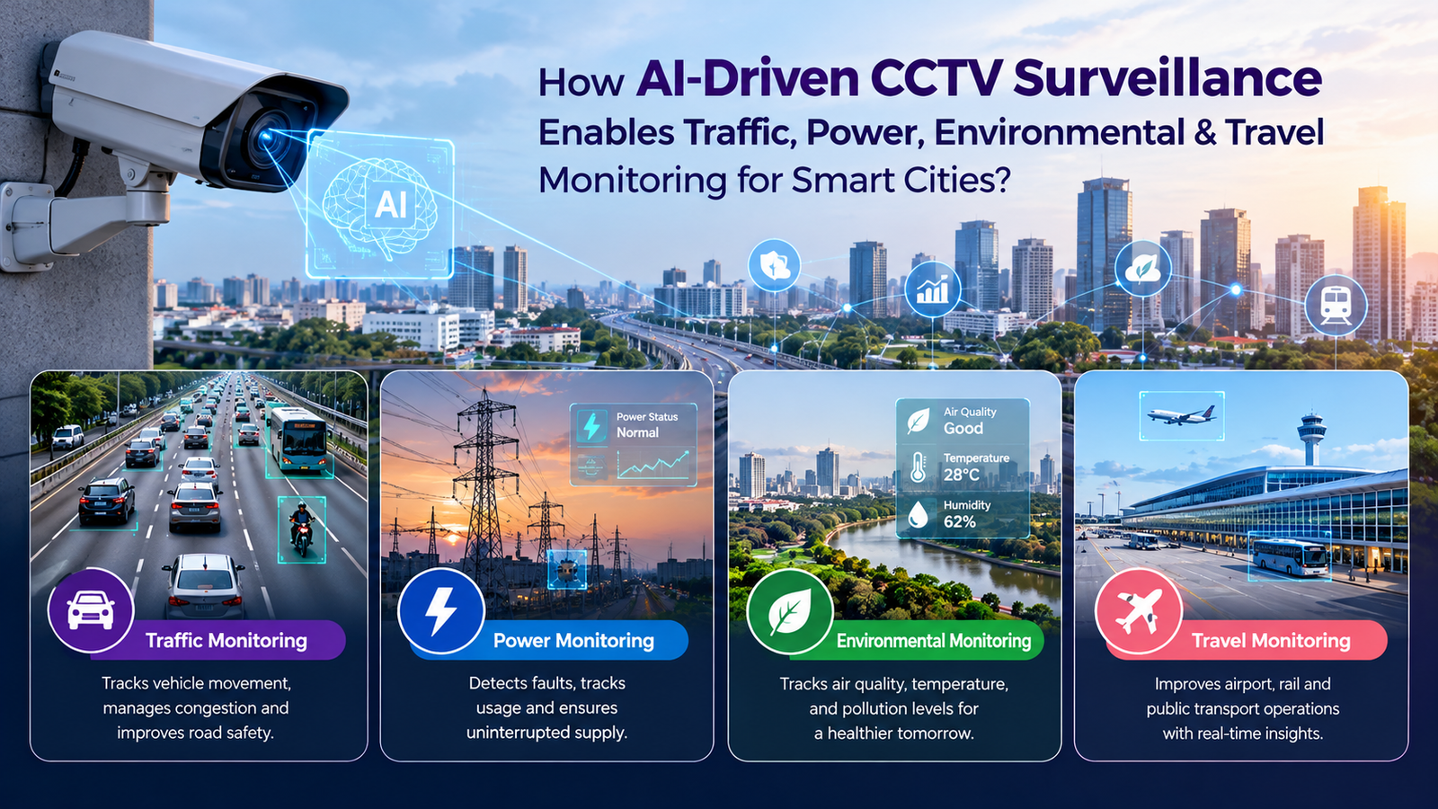 How AI-Driven CCTV Surveillance Enables Traffic, Power, Environmental & Travel Monitoring for Smart Cities?