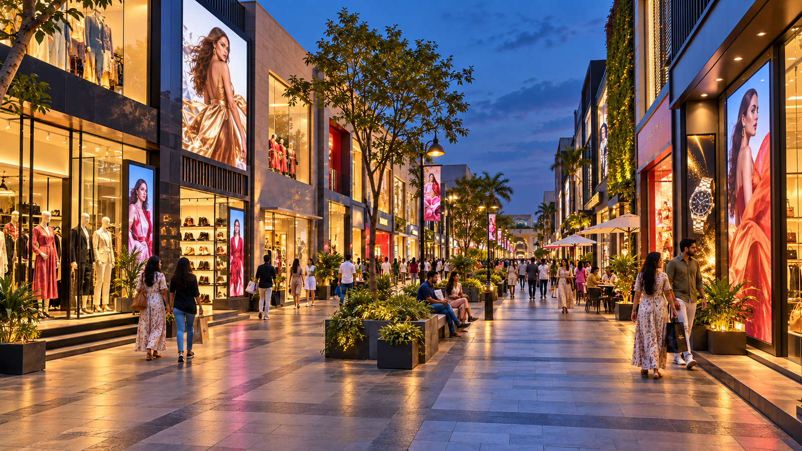 Outdoor retail stores with LED walls and digital signage
