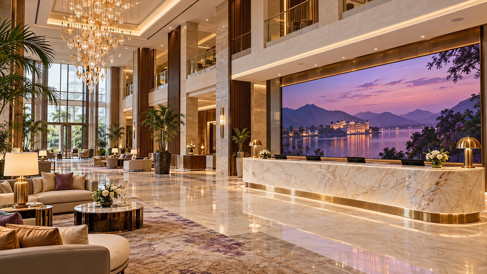 Luxury hotel lobby with an integrated LED video wall