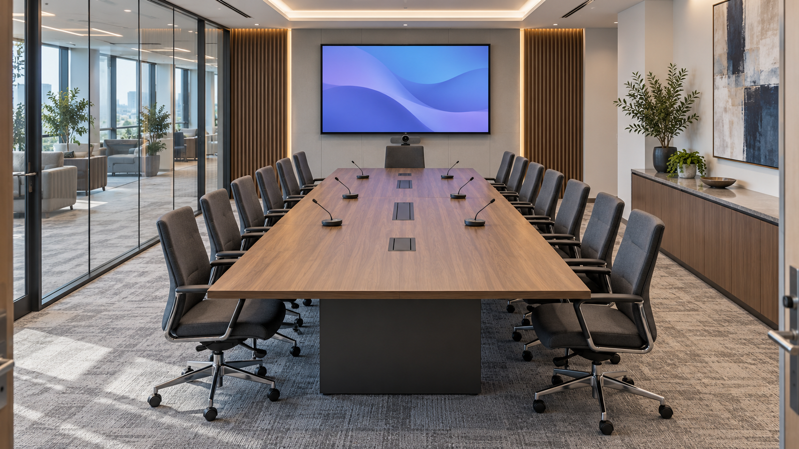 Modern corporate conference room with integrated AV systems
