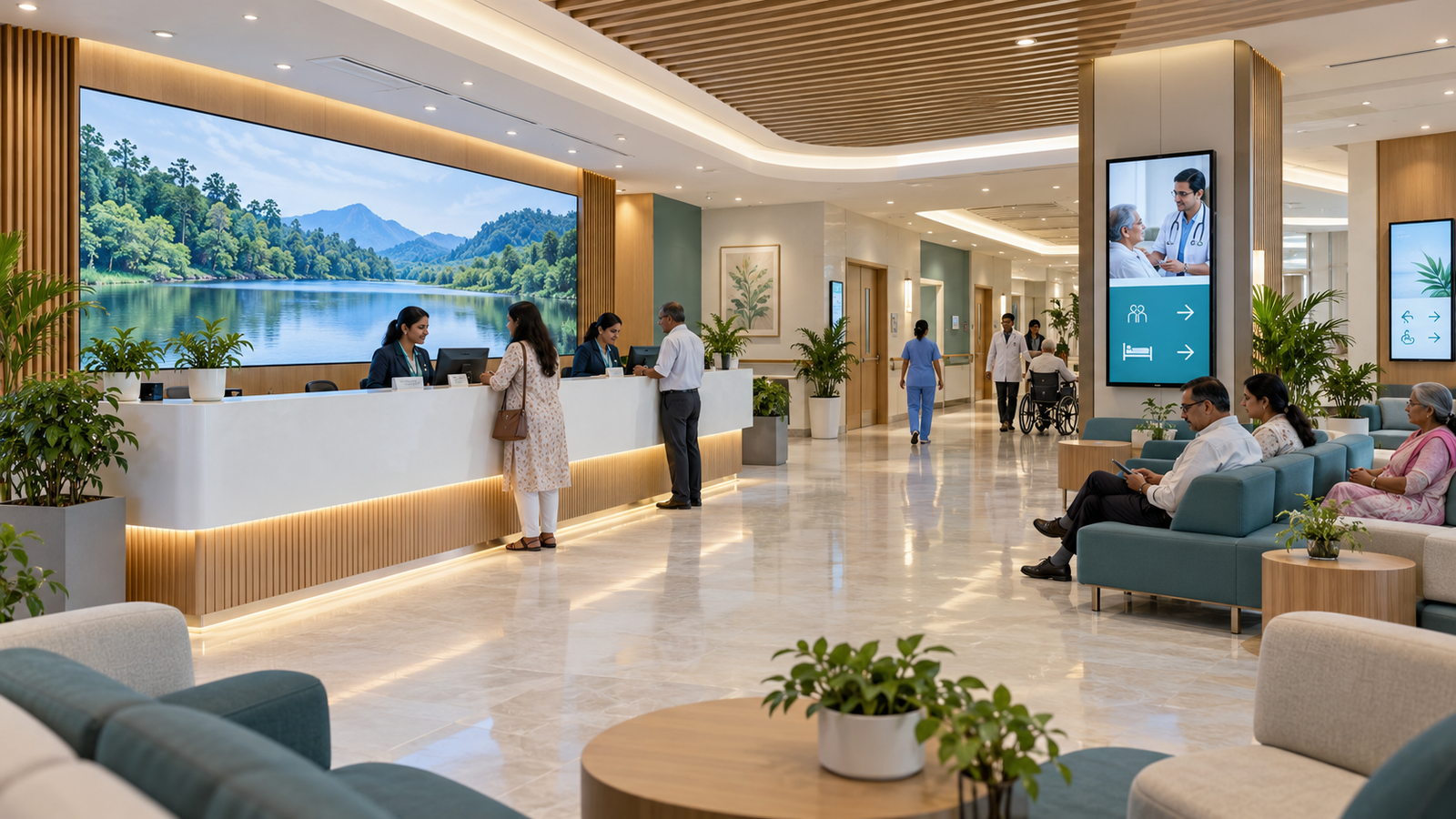 Hospital reception with LED video wall and digital signage